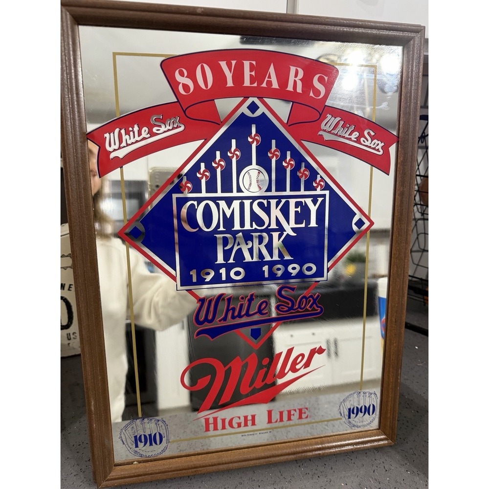Vtg White Sox Comisky Park Miller High Life Large Wood Frame Mirror Bar Pub Sign
